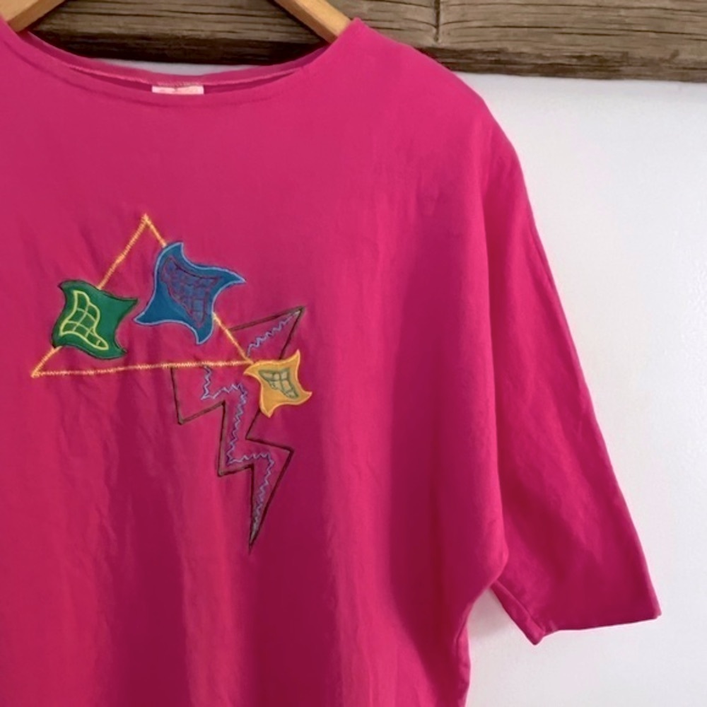 80’s Vtg Hot Pink Embroidered Crop Top Oversized S‎